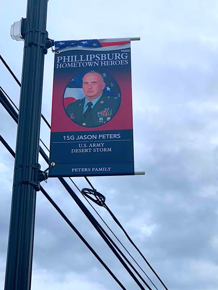 1SG Jason Peters's banner, atop a light pole along South Main Street, Phillipsburg, NJ.